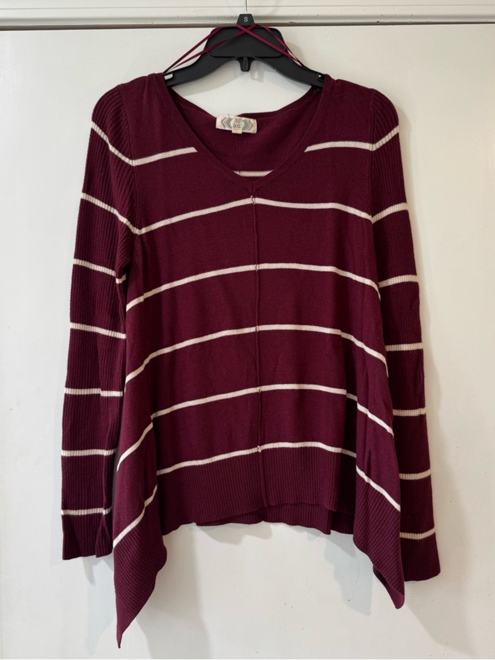 Pink Rose Burgundy and White Striped V-Neck Draped Sweater